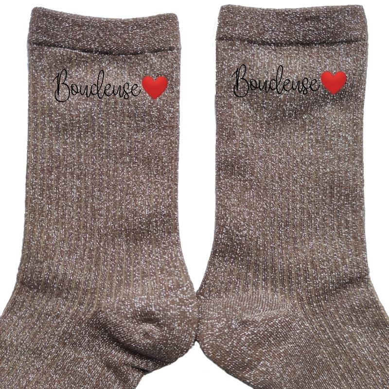 Chaussettes paillettes bronze motif boudeuse