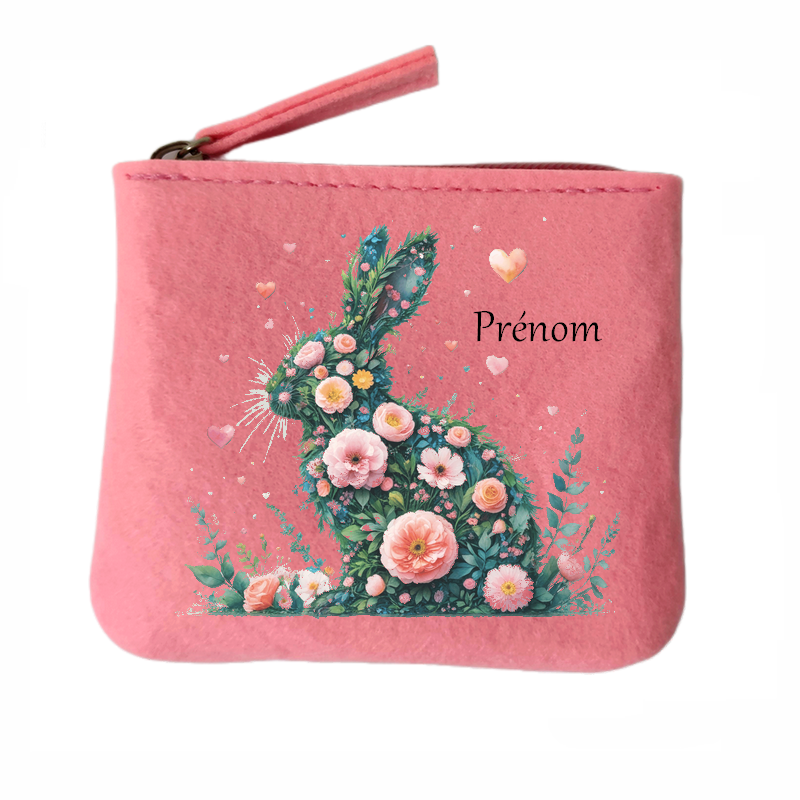 Porte monnaie personnalisé lapin fleurs en feutrine en feutrine