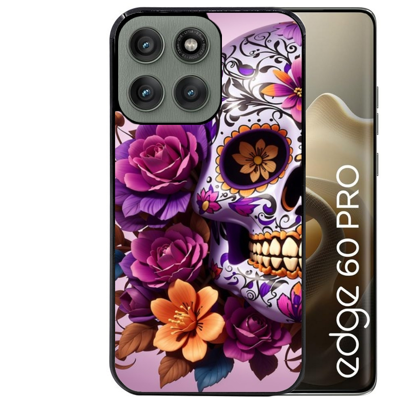 Coque noire taperso pour Moto Edge 60 et Neo Fusion Pro avec motif tete de mort calavera violette protection antichoc personnalisée