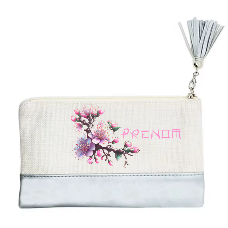 Pochette personnalisée motif fleur sakura en toile et simili cuir personnalisée