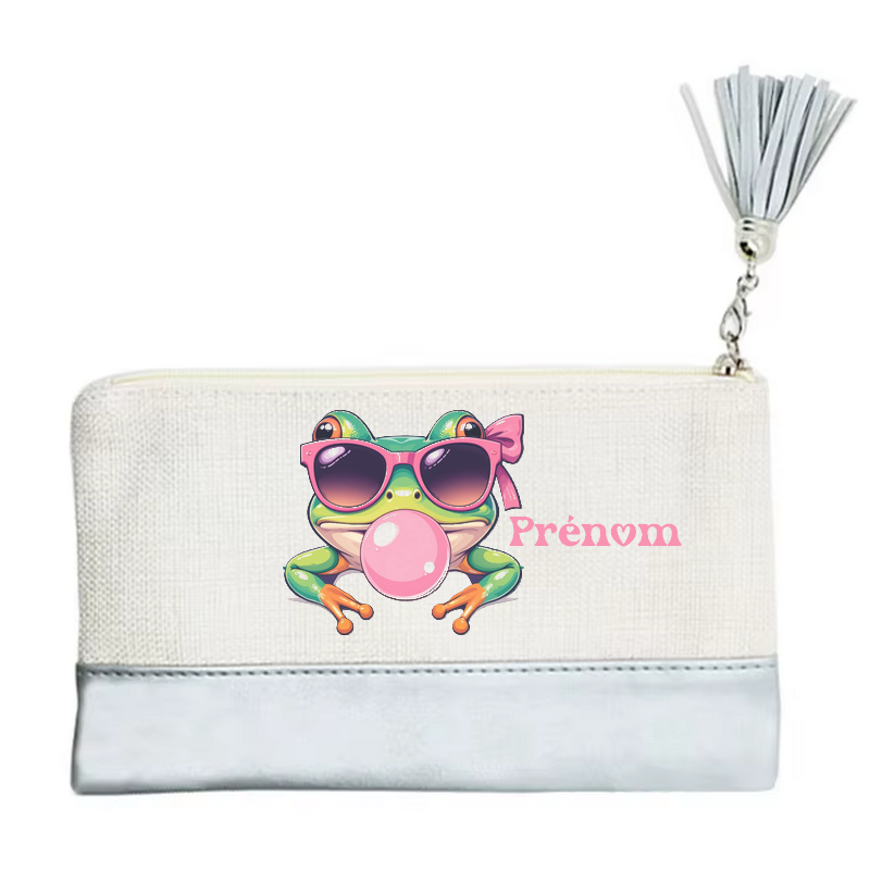 Pochette personnalisée motif grenouille bubble en toile et simili cuir personnalisée