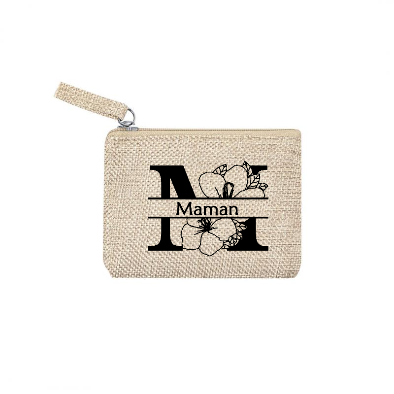 Pochette personnalisée prénom fleur en jute et doré en jute et doré