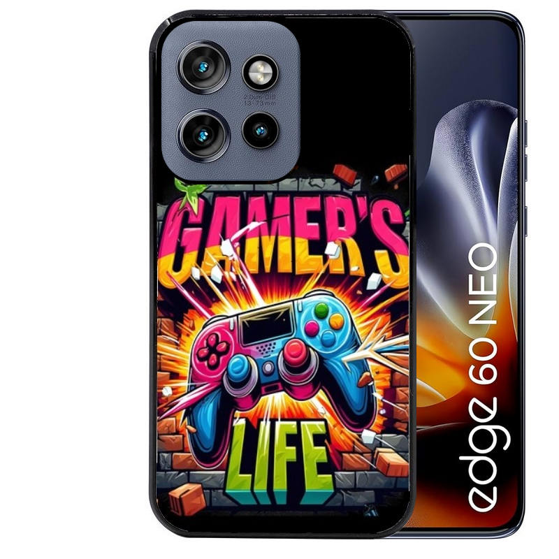Coque noire taperso pour Moto Edge 60 et Neo Fusion Pro avec motif gamer life protection antichoc personnalisée