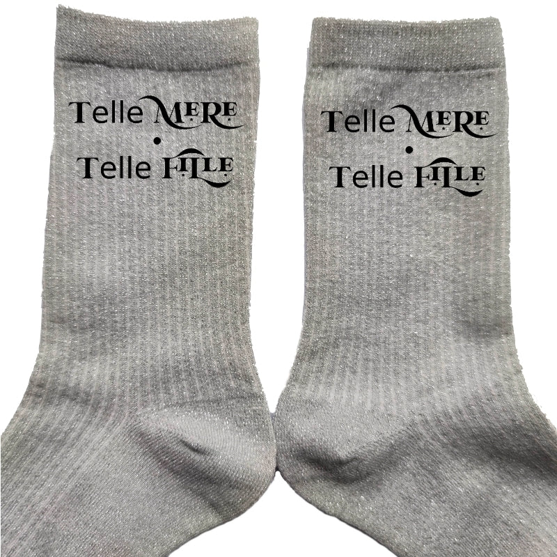 Chaussettes paillettes argent motif maman fille