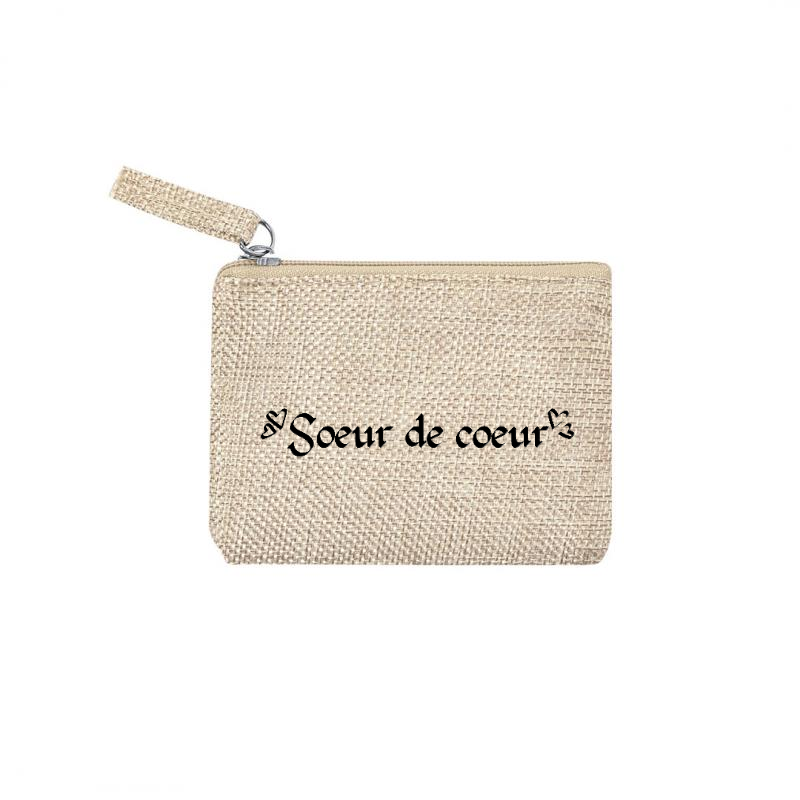 Pochette personnalisée motif soeur de cœur en toile et simili cuir personnalisée