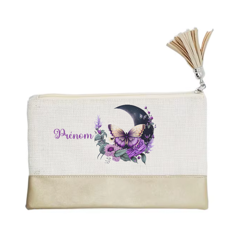 Pochette personnalisée motif papillon lune en toile et simili cuir personnalisée