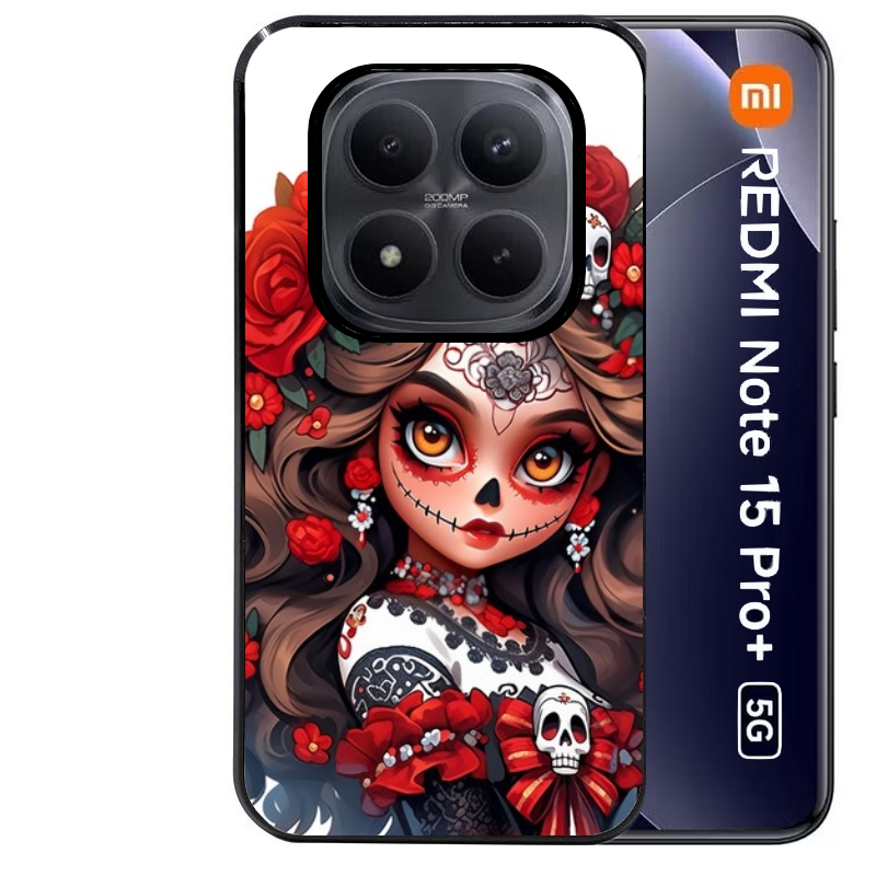 Coque noire taperso pour Redmi Note 15 et PRO PLUS 4G 5G avec motif tete de mort calavera rouge protection antichoc personnalisée