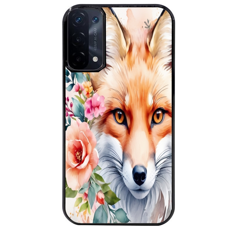 Coque noire taperso pour OPPO A54 et A74 5G avec motif renard fox et fleurs protection antichoc personnalisée