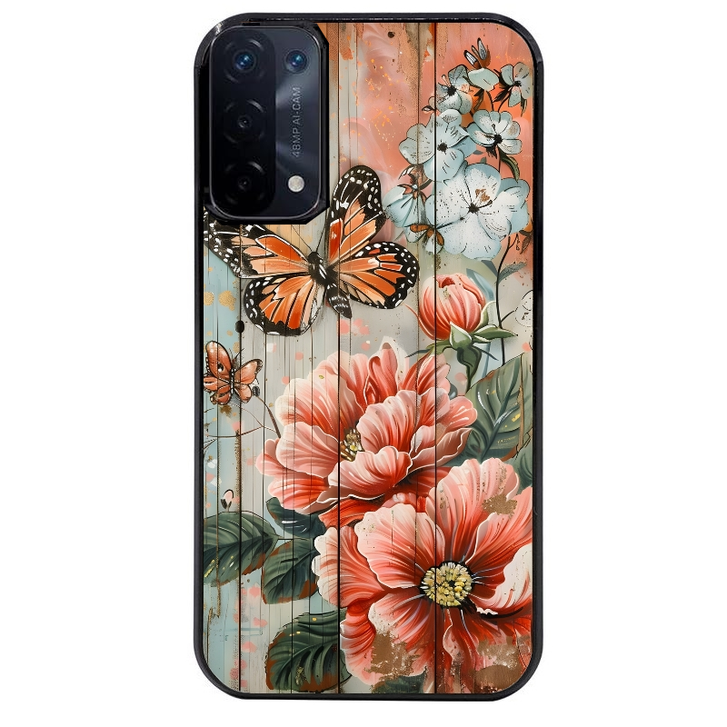 Coque noire taperso pour OPPO A54 et A74 5G avec motif bois et papillon 3 protection antichoc personnalisée