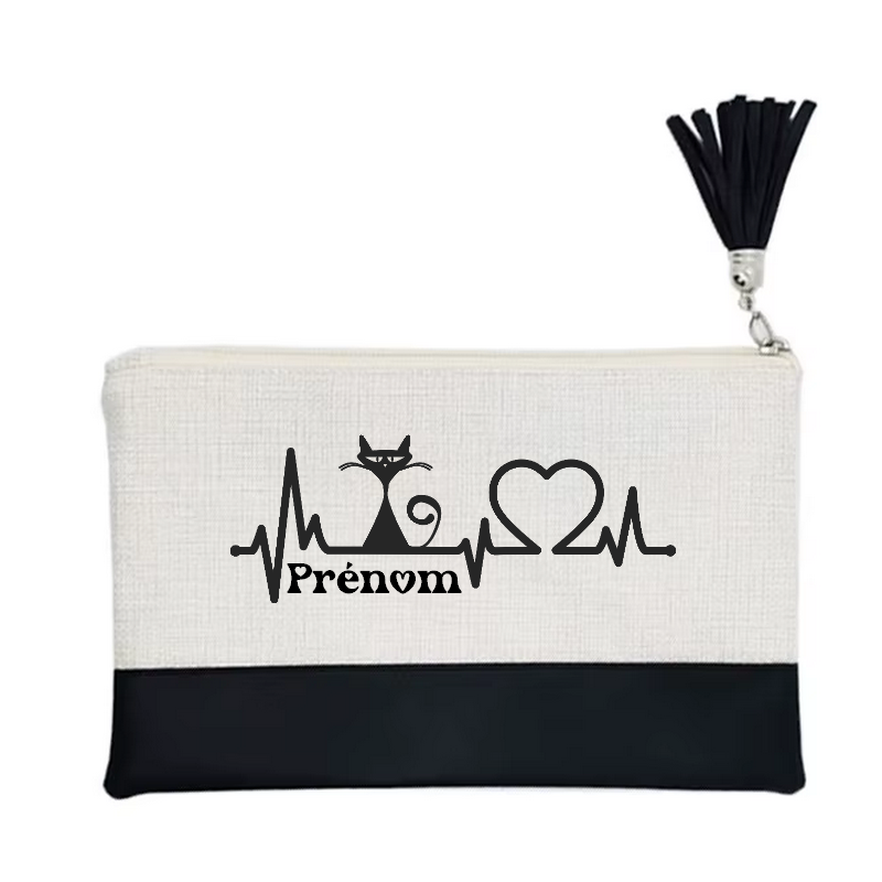 Pochette personnalisée motif chat heartbeat en toile et simili cuir personnalisée