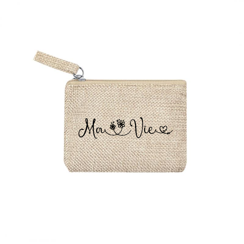 Pochette personnalisée ma vie et fleur en jute et doré en jute et doré
