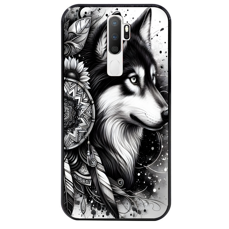 Coque noire taperso pour OPPO A5 A9 2020 avec motif loup dreamcatcher protection antichoc personnalisée